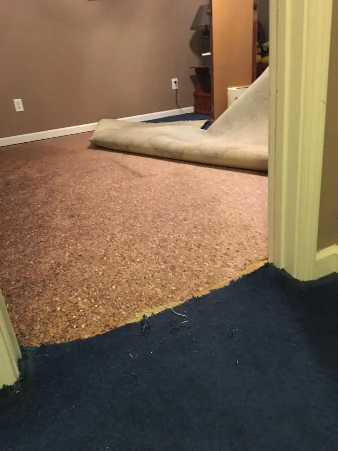 Carpet pad removal revealing water damage during Water Mitigation Services in Atkinson